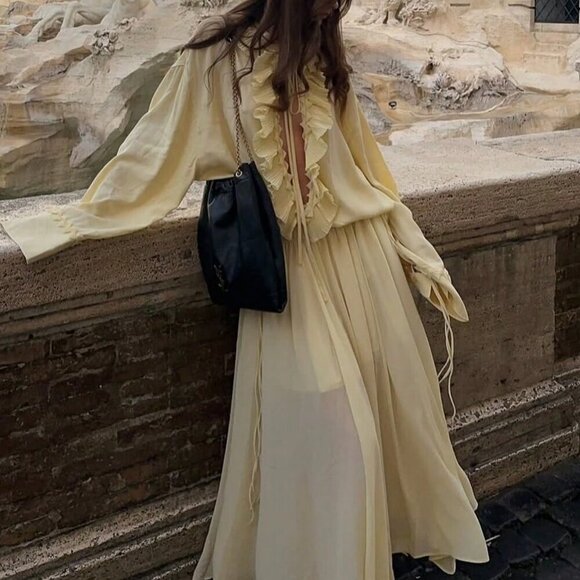 Yellow Casual Women's V-Neck Long Sleeve Blouse with Lace-Up Details - Picture 11 of 11